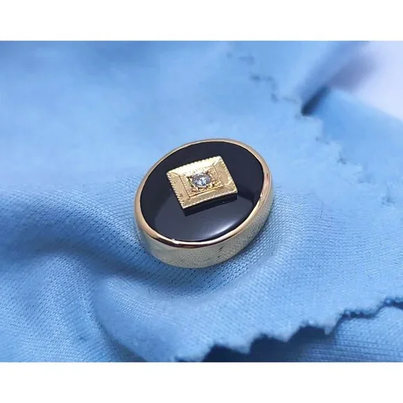 Vintage 14K Solid Yellow Gold Designer Black Onyx & Diamond Tie Tack Label Pin